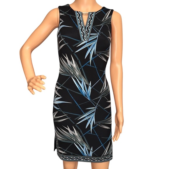 Black & Teal Palm Print Embroidered Sleeveless Sheath Dress ~ Sz XXS ~ NWT - Picture 6 of 13
